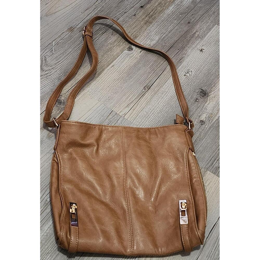 MMS Design Studio Women's Leather‎ Zip Top Adjustable Strap Shoulder Bag Brown